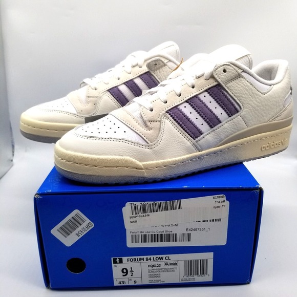 adidas Men Forum 84 Low CL Court Shoes 9.5 Leather White Purple Sneakers HQ6123